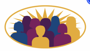 Illustration of a group of diverse silhouettes inside a gold oval with sun rays in the background.